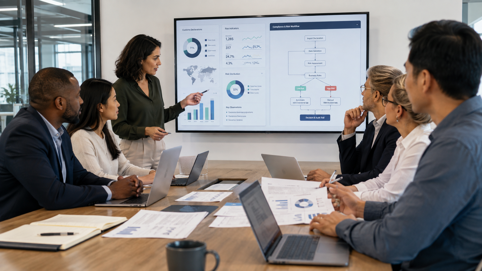Réunion d’équipe autour d’indicateurs douaniers, de tableaux de bord et d’un workflow de conformité et de risque