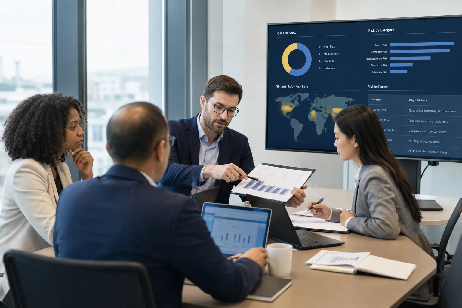 Meeting of customs analysts reviewing risk analysis and targeting decisions