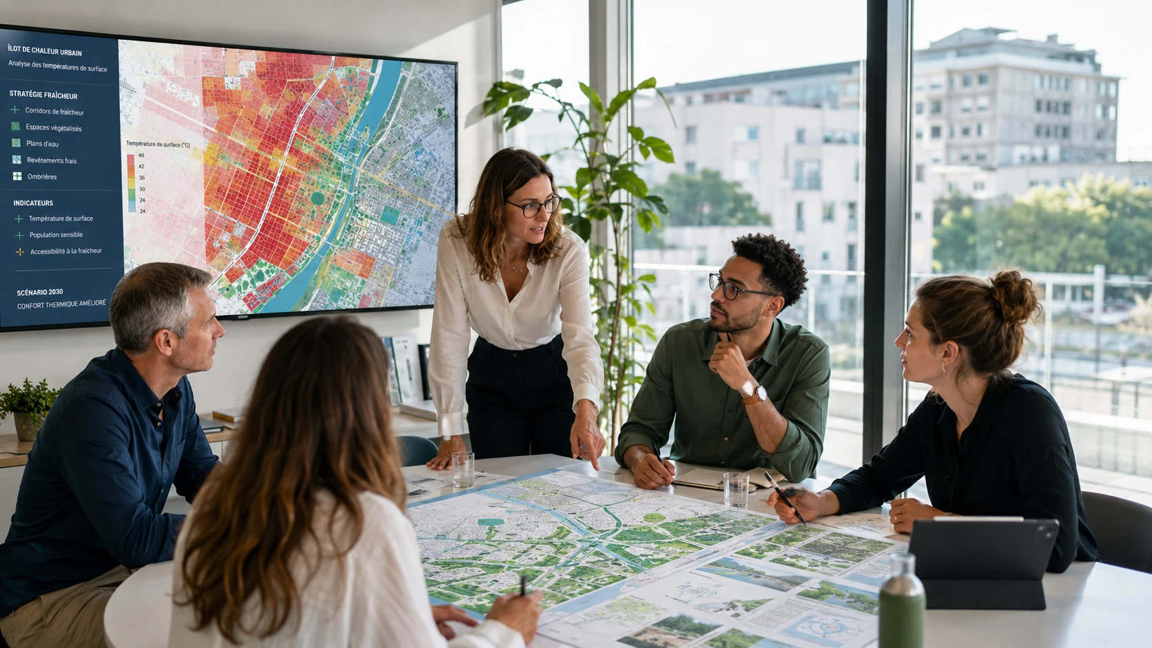 Territorial team reviewing an urban heat map and cooling scenarios