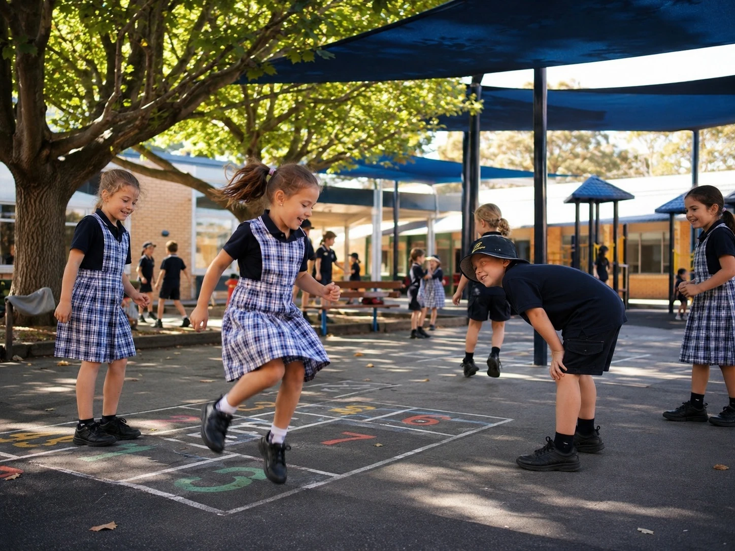 Children playing in a schoolyard shaded by trees and shade sails