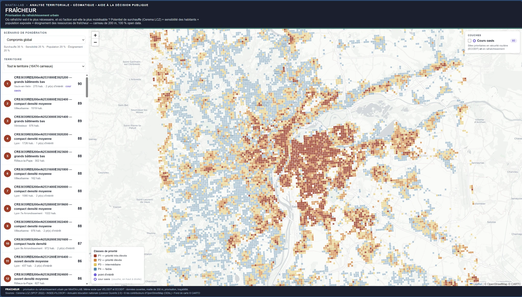 FRAÎCHEUR interface showing urban cooling priority grid cells across the Lyon metropolitan area